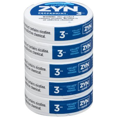 Zyn Nicotine Pouches Peppermint 3 Mg 15/5 Tins, stacked container design featuring blue and white packaging with nicotine warning label.