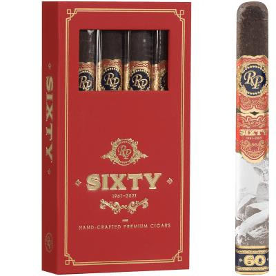 Montecristo Rocky Patel Cigars Sixty Toro Sampler 4ct, red cigar box featuring four cigars with gold and black bands and a close-up of one cigar outside the box.