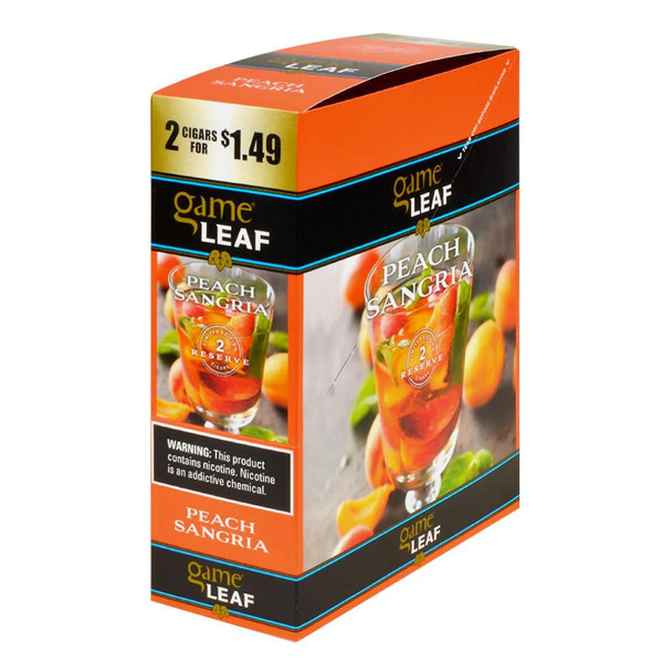 Product Swedish Match Game Leaf Cigars Peach Sangria 15/2, box of peach sangria flavored cigars with vibrant orange and green accents.