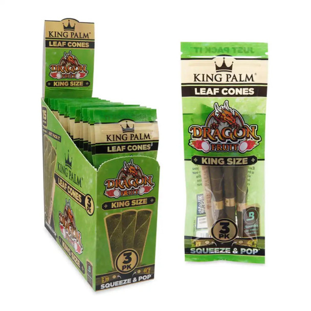King Palm Wraps King Palm Leaf Cones Dragon Fruit King Size 15/3Ct, box and individual pack of natural leaf cones infused with dragon fruit flavor.