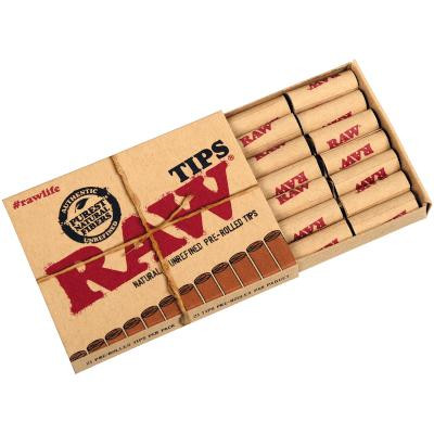 RAW Classic Pre-Roll Tips 20Ct/21, open cardboard box containing 20 rolled paper tips for pre-rolled cannabis cones.