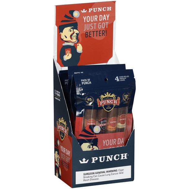 Punch Cigars 93 Rated Cigar Sampler 4ct, a pack of four hand-rolled premium cigars in a stylish red and navy blue display box with branding and warning label.