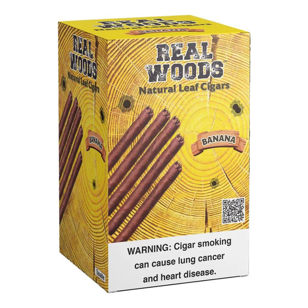 Product Altadis Real Woods Natural Leaf Cigars 8/5Ct, pack of cigars in a yellow box with a wood grain design and banana flavor label.