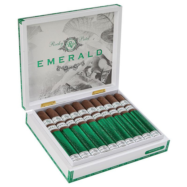 Rocky Patel Cigars Emerald, a box of premium cigars with green and brown wrappers neatly arranged inside a white presentation box.