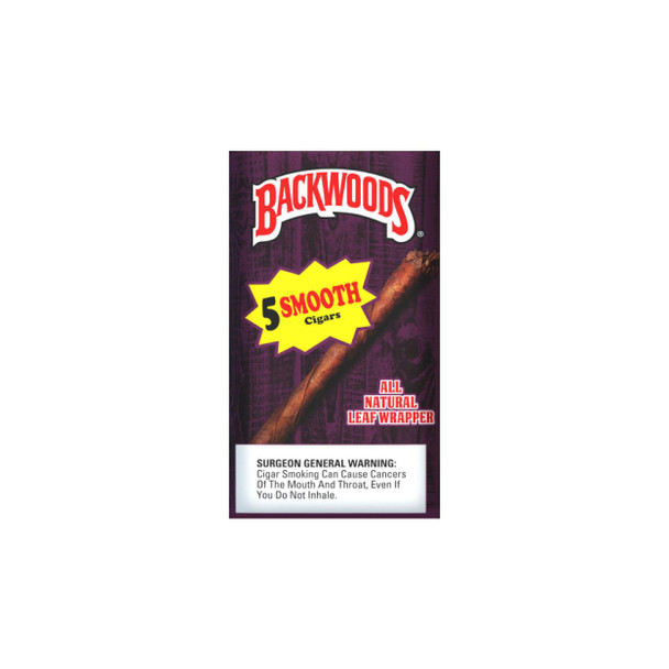 Altadis Backwoods Smooth Cigars 8/5Ct, package displaying 5 all-natural leaf wrapped cigars with a rustic purple background and warning label.
