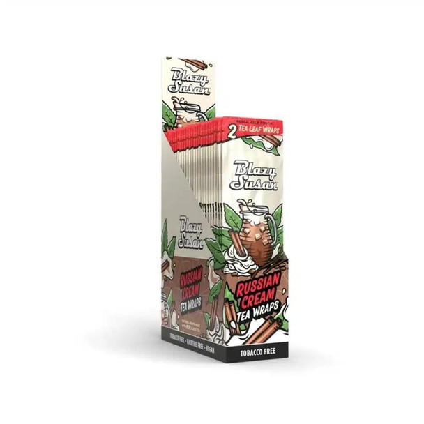 Blazy Susan Russian Cream Tea Leaf Wraps 25/2 Ct, box of tea leaf wraps with colorful packaging featuring illustrations of tea leaves and a teacup.
