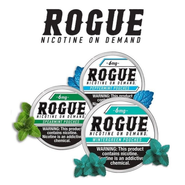 Rogue Nicotine Pouches 5ct Roll 20ct, collection of nicotine pouch tins featuring peppermint, spearmint, and wintergreen flavors with colorful mint leaves.