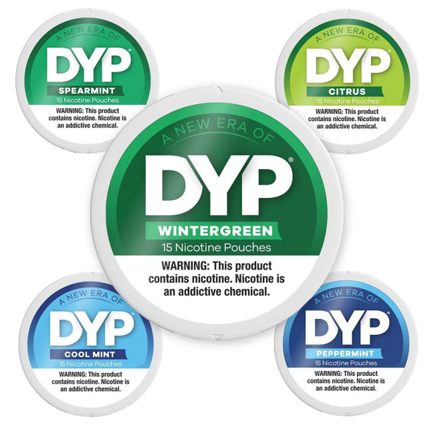 Rogue Nicotine Pouches DYP Nicotine Pouches 5ct Roll 20ct, image of four canisters with different flavors including Wintergreen, Spearmint, Citrus, Cool Mint, and Peppermint, each with colorful labels and nicotine warnings.