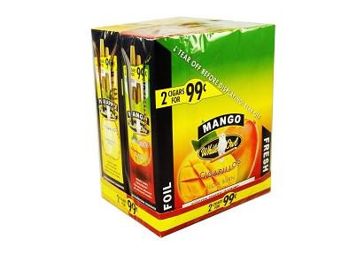 Swedish Match White Owl Cigarillos Mango 30 Pouches of 2, colorful packaging featuring mango flavor and branding.