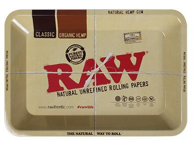 RAW Mini Rolling Tray, rectangular metal tray featuring RAW branding and natural hemp gum label for rolling accessories.