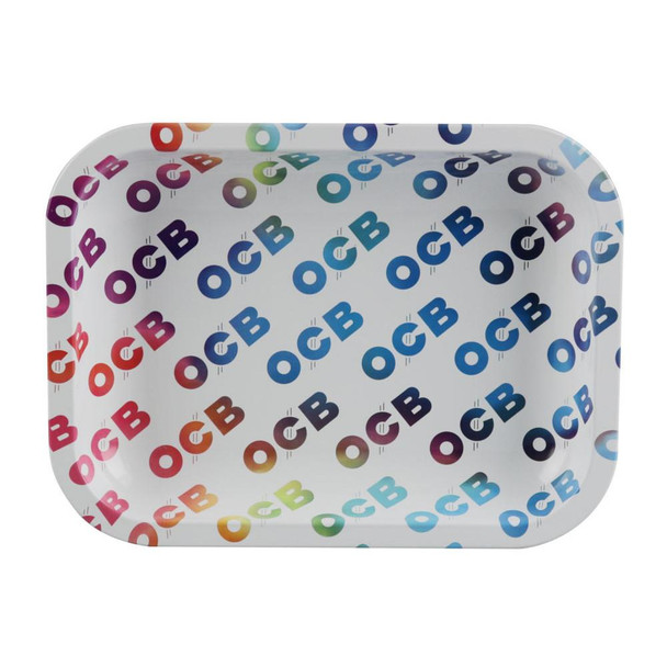 Republic Group OCB Premium Rolling Tray- Medium-1, a colorful medium-sized rolling tray with a pattern of multicolored OCB logos printed across the surface.