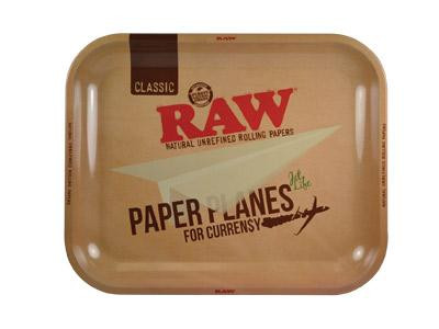 RAW Rolling Tray Large, brown-colored rectangular rolling tray with RAW branding and paper plane graphic design.