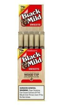 John Middleton Black & Mild Wood Tip Cigars Sweet Box, packaging with multiple cigars inside and Black & Mild branding on the box.