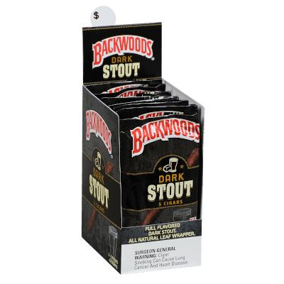 Altadis Backwoods Dark Stout 8/5Ct, display of cigar packs in a black stand-up box with red and white branding and dark stout flavor label.