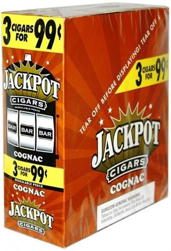 Swedish Match Jackpot Cigarillos Cognac 15/3 Ct, packaging box displaying promotional offer of 3 cigarillos for 99 cents in a red and yellow design.