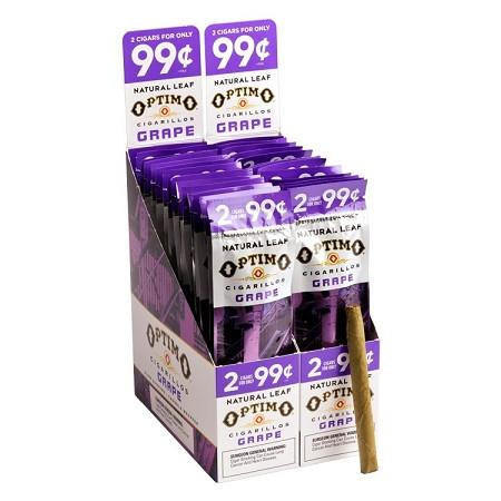 Swisher International Optimo Cigarillos Foil Pack Grape, a box containing 30 packs of 2 grape-flavored cigarillos with foil wrapping and purple branding.
