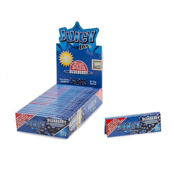 Juicy Jay Rolling Papers Blueberry 1 1/4 24Ct, colorful pack of flavored rolling papers with blueberry scent and packaging.