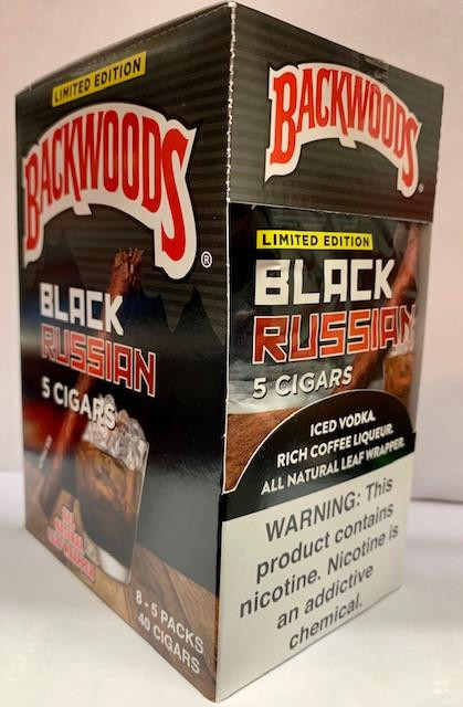 Altadis Backwoods Black Russian Cigars 8/5Ct, a box of cigars with black and brown packaging featuring bold red and white text, showcasing the flavor and limited edition status.