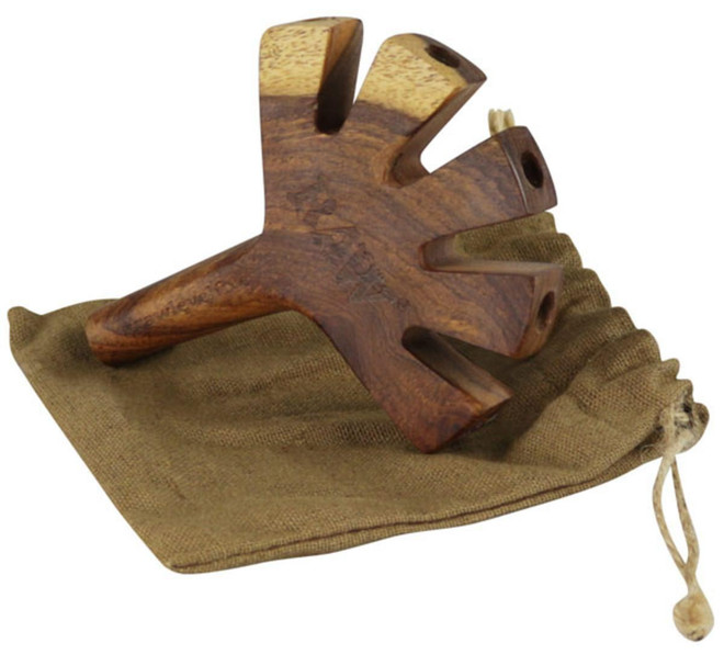 RAW Raw Level 5 Wooden Cigarette Holder - 5, a handcrafted wooden cigarette holder resting on a brown fabric pouch.