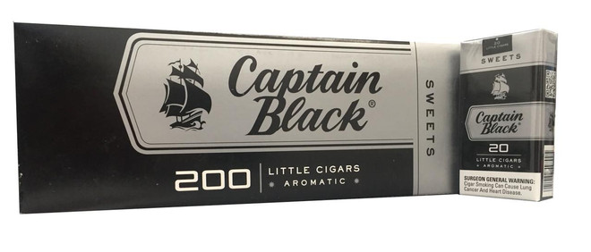 Scandinavian Tobacco Captain Black Little Cigars Sweet, packaging of 200 aromatic little cigars with a black and white design featuring a sailboat logo.