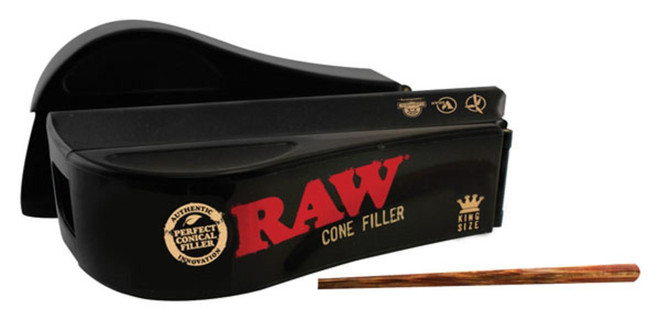 RAW Cone Filler Kingsize, black manual cone filling device with a wooden filling stick for rolling king size cones.
