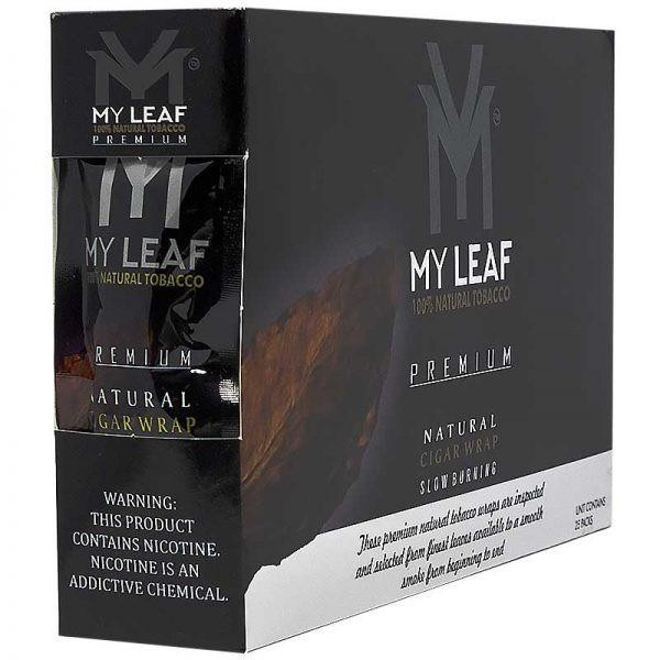 Grabba Leaf Tobacco MY Leaf Black Natural Tobacco Leaf Wrap, black packaging with silver and gold accents, featuring the MY LEAF logo and a mountain landscape image.