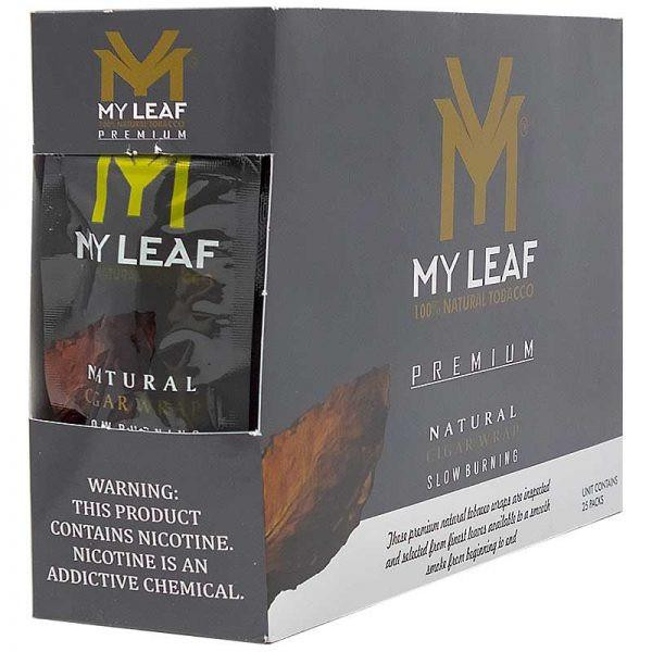 Grabba Leaf Tobacco MY Leaf Silver Natural Tobacco Leaf Wrap, packaging box with a small window showing the tobacco leaf inside, premium and natural slow burning tobacco.