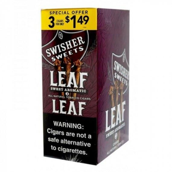 Swisher International Swisher Sweets Leaf Cigar Cognac, product packaging with purple and black design, displaying promotional offer and warning label.
