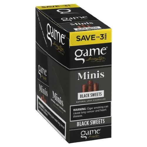 Swedish Match Game Mini Foil Cigarillos 15/3, packaging featuring black sweets flavor with a yellow promotion strip, and product information on the black and yellow box.