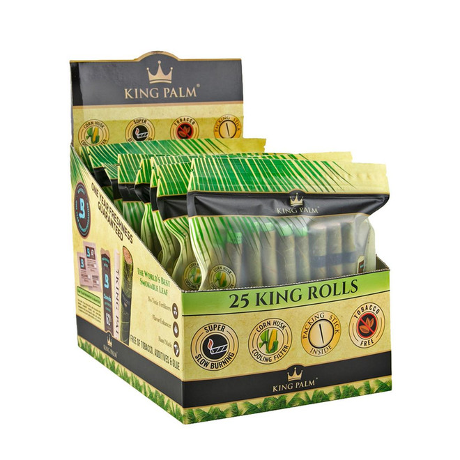 King Palm Pre-Roll Wraps - 25pk, display of pre-rolled wraps in green and black packaging featuring branding and product features.