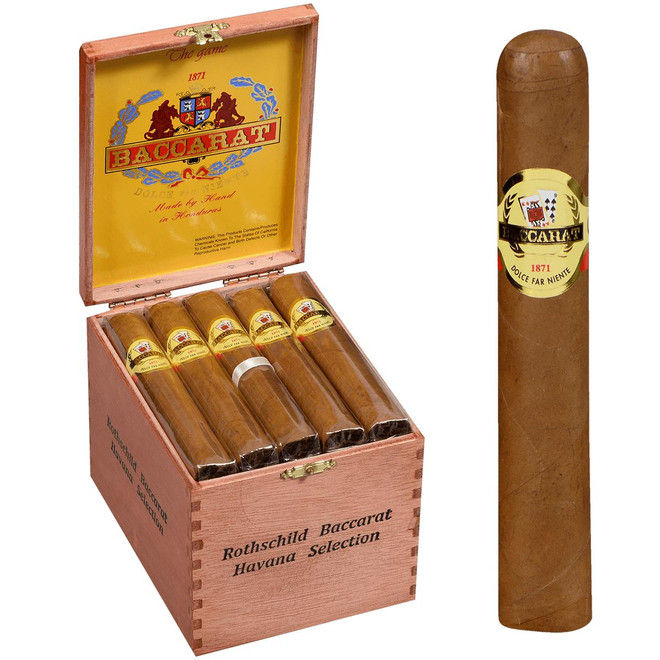 Baccarat Cigars Rothschild Natural 25ct Box, wooden cigar box with five cigars inside and one cigar outside, featuring gold and red labels with a crest and the year 1871.
