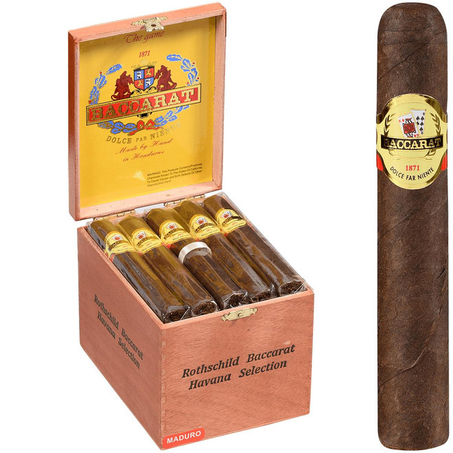 Baccarat Cigars Rothschild Maduro 25 Ct. Box 5.00X50, image of a wooden cigar box filled with cigars and a single cigar with a gold label.