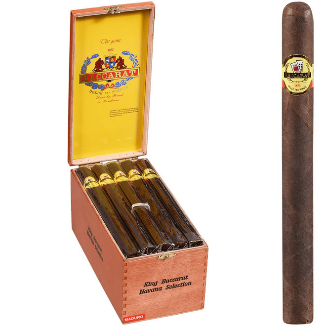 Product Baccarat Cigars King Maduro 25 Ct. Box 8.50X52, close-up of a single dark brown cigar with a gold and red label.