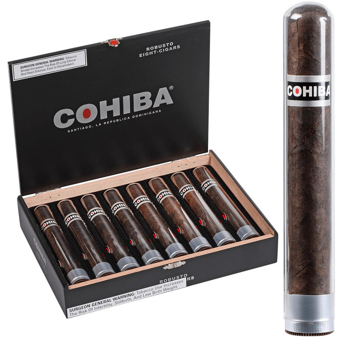Cohiba Cigars Black Robusto Crystal 8 Ct. Box 5.50X50, image showing a black box containing eight cigars and a single cigar in a transparent tube.