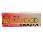 Tantus Tobacco Richwood Filtered Cigars Strawberry, rectangular box of filtered cigars with a red and yellow design and strawberry flavor label.
