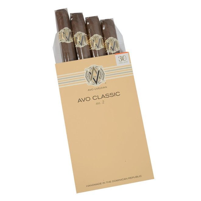 AVO Cigars Classic No. 2 Robusto 4 Ct. Box, a display of four premium cigars with a beige and gold packaging, featuring the AVO logo and product details.