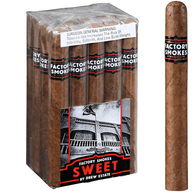 Factory Smokes Cigars Sweets Churchill 20 Ct. Bundle, a pack of 20 cigars with a single cigar shown beside the bundle, featuring brown wrappers and black and red labels.