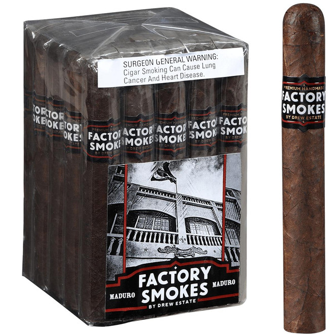 Factory Smokes Cigars Maduro Toro 25 Ct. Bundle, close-up of a single Maduro cigar with dark brown wrapper and Factory Smokes band.