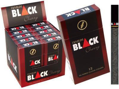 Kretek International Djarum Filtered Clove Cigars Black Cherry 10/12 Packs, a display box containing multiple packs of flavored clove cigars in black cherry flavor.