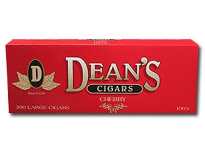 Deans Cigars Deans Large Filtered Cigars Cherry 100's, red box packaging with product name, cherry flavor, large filtered cigars, 10/20 packs.