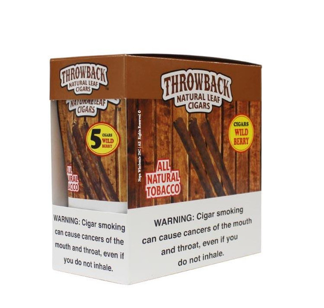 Throwback Natural Leaf Cigars Wild Berry 8 Packs of 5 - Box of natural leaf cigars with wild berry flavor, featuring a rustic wooden background and bold warning labels.
