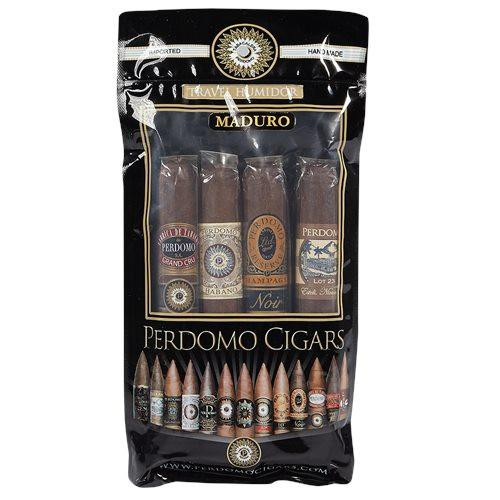 Perdomo Cigars 4 Pack Maduro Humidified Sampler, a five-pack of cigars in a sealed, black and gold packaging with clear window showing four cigars and cigar-shaped samples at the bottom.
