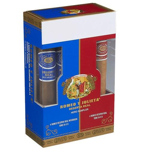 Romeo y Julieta Reserva Real Hero Sampler 8 Cigars, packaging box with a clear window showcasing the cigars inside.