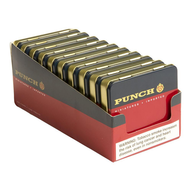 Punch Miniatures Tins Cigars 10/20, collection of miniature cigar tins in a cardboard display box, black and gold tins with the Punch logo and warning label on the box.