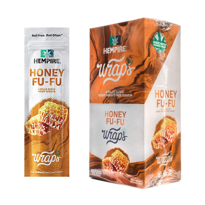 Hempire Wraps Honey Fu-Fu 15/4 Packs, pack and box of organic hemp honey flavored wraps for rolling.