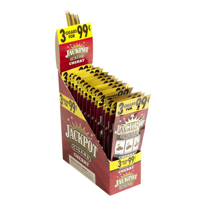 Swedish Match Jackpot Cigarillos Cherry 15/3 Ct, display of cherry flavored cigarillos in a promotional stand with bold yellow and red packaging.