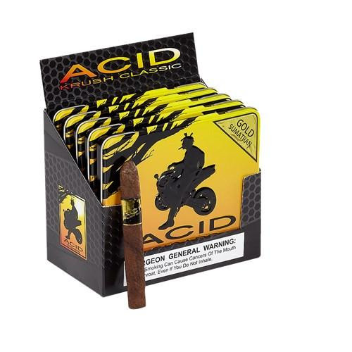 Drew Estate ACID Cigars by Drew Estate Krush Gold Sumatra 50Ct, a display box of cigars with one cigar placed in front, featuring a black and yellow design with a silhouette of a motorcyclist.