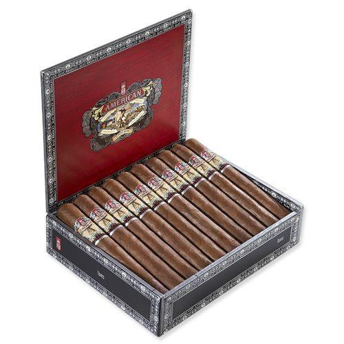 Alec Bradley American Classic Blend Toro Cigars 24Ct. Box, a silver decorative box with a red interior, containing 24 neatly arranged cigars with labels.