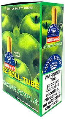 Royal Blunts EZ Roll Wraps Tubes Sour Apple 25Ct, package featuring green sour apple images and product branding, with warning label and promotional stickers.