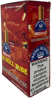 Royal Blunts EZ Roll Wraps Tubes Watermelon 25Ct, image showing a box of watermelon flavored EZ Roll Wraps with a watermelons and rolling paper images on the packaging.